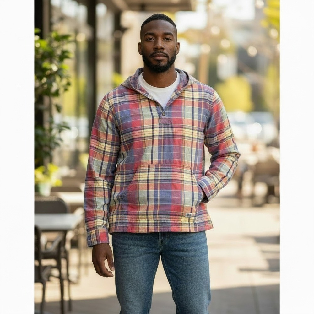 Early 2010s Denim & Supply Ralph Lauren Hooded Plaid Popover M Americana